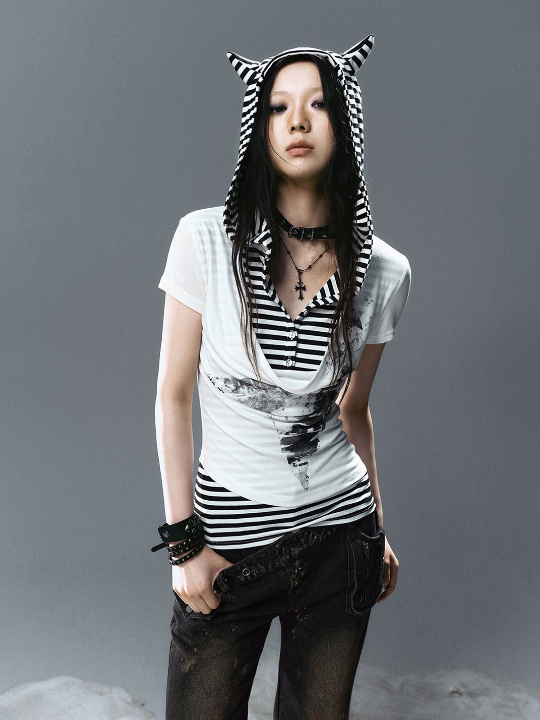 CestNous|Women's Cat Ear Striped Layered T-Shirt - PSYLOS 1, CestNous|Women's Cat Ear Striped Layered T-Shirt, T-Shirt, CestNous, PSYLOS 1